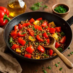 Wok met zoete paprika en linzen
