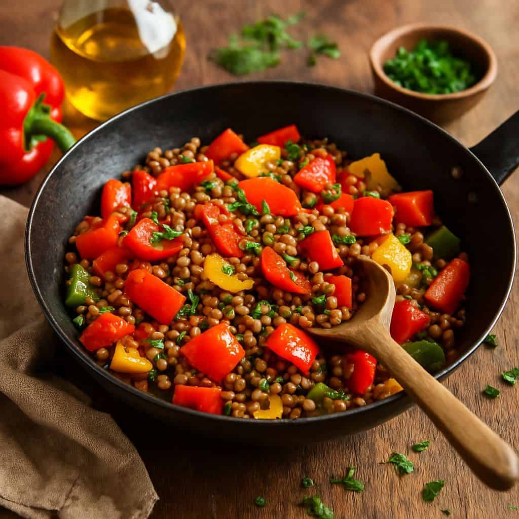 Wok met zoete paprika en linzen