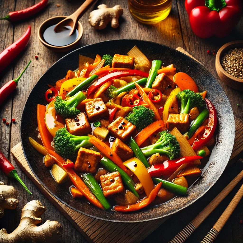 Wokschotel met seitan en gember-sojadressing
