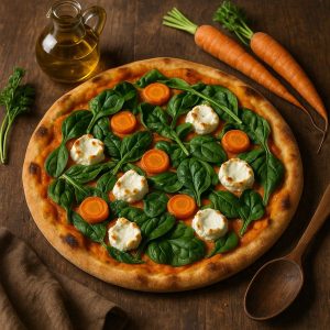 Wortelpizza met geitenkaas en spinazie