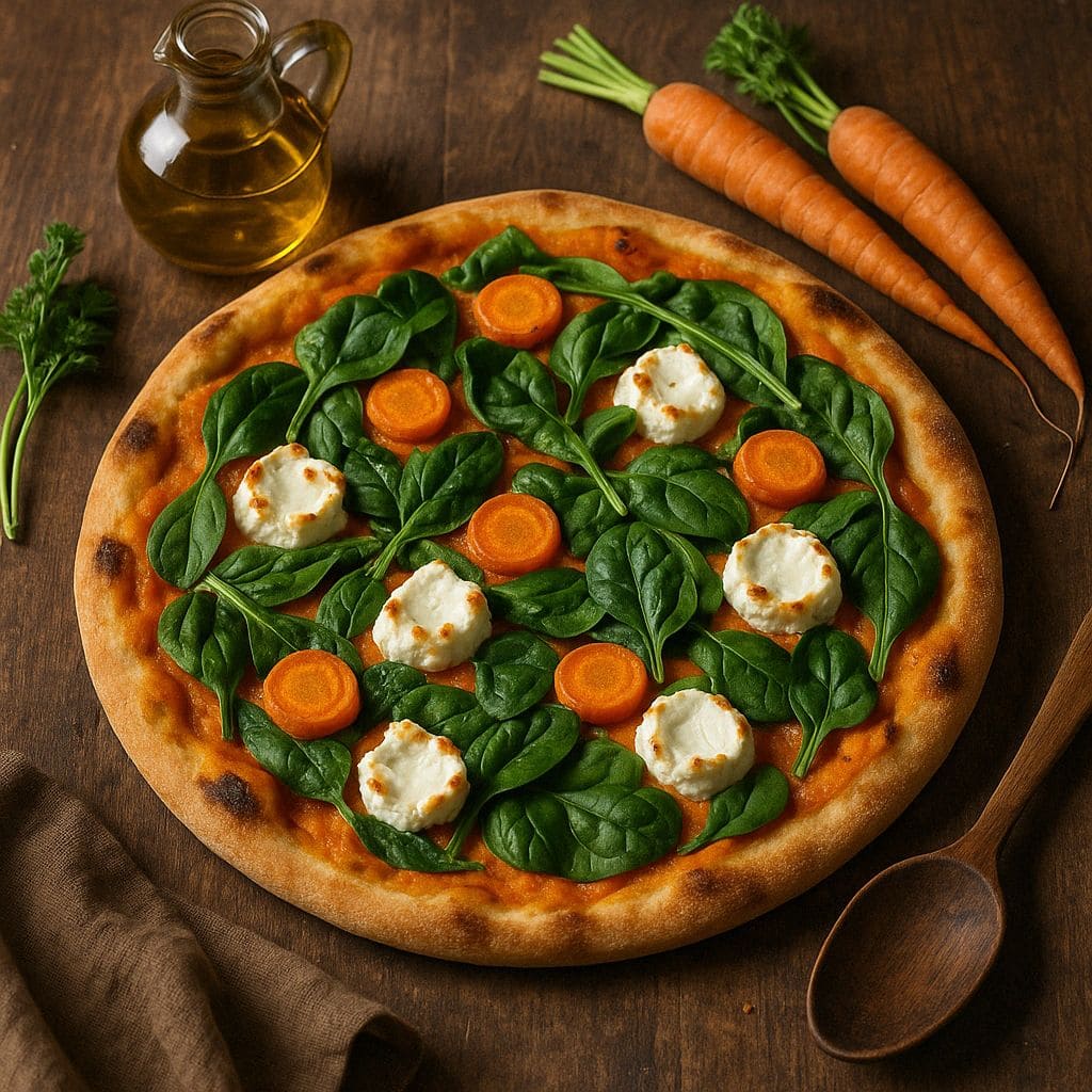 Wortelpizza met geitenkaas en spinazie
