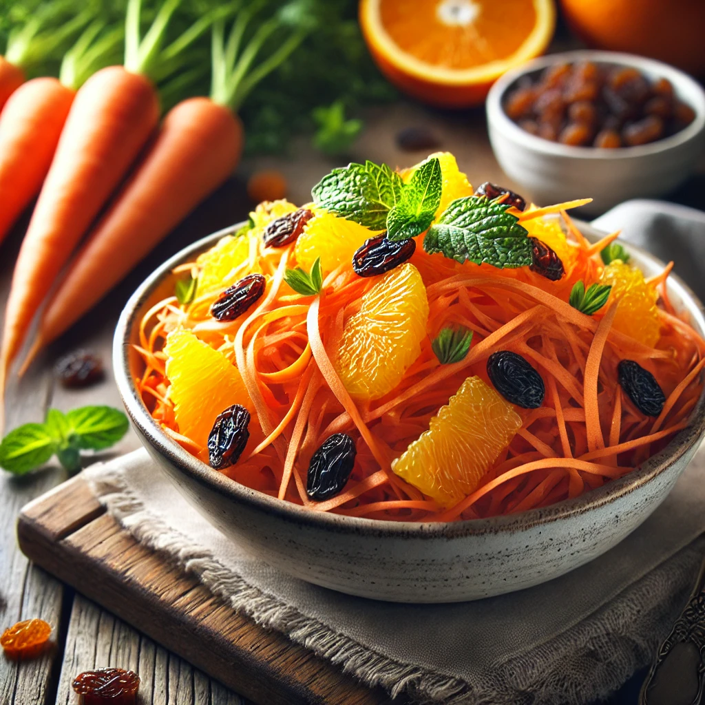 Wortelsalade met sinaasappel en rozijnen