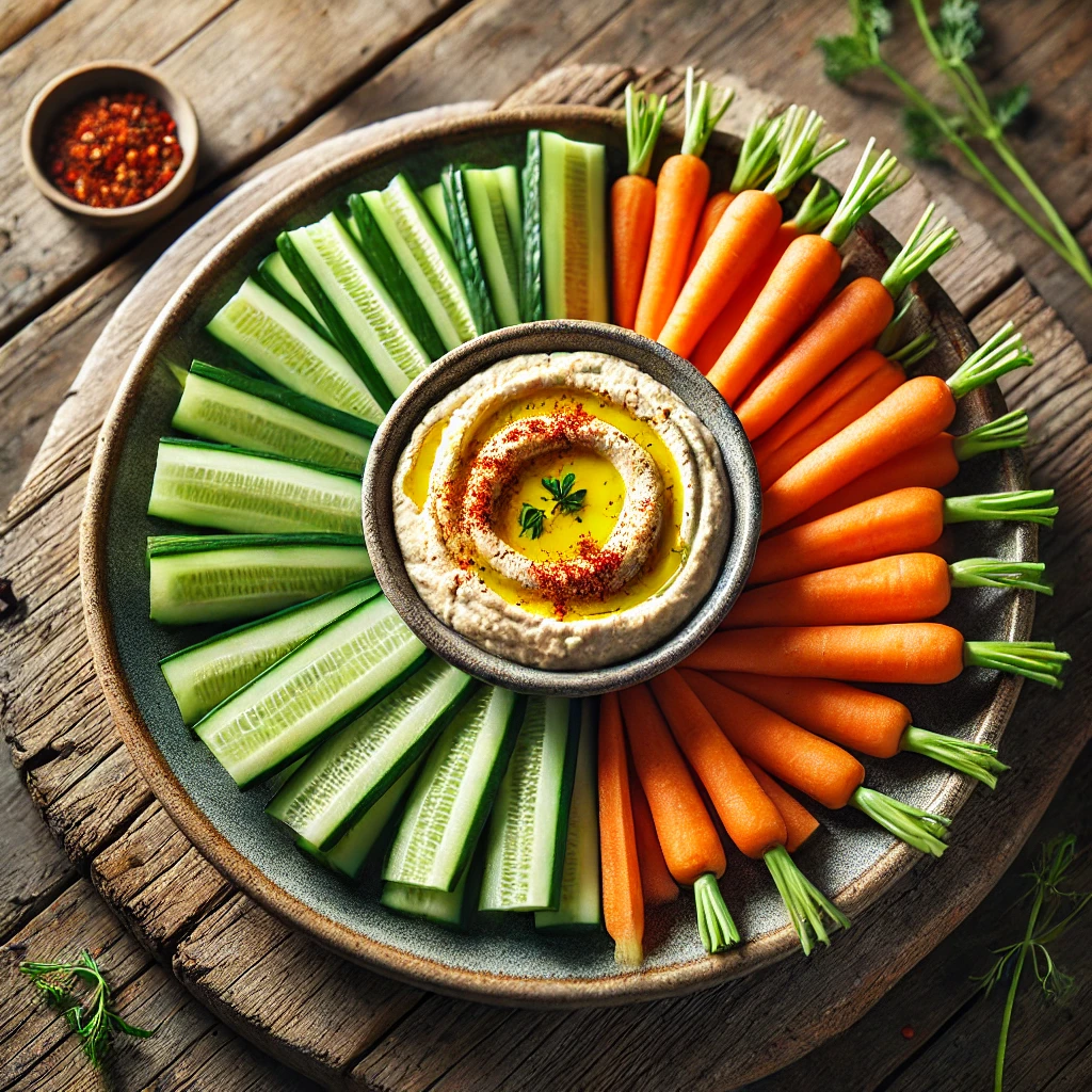 Worteltjes en komkommer met hummus