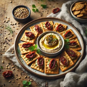 Zadencrackers met Hummus en Zongedroogde Tomaat