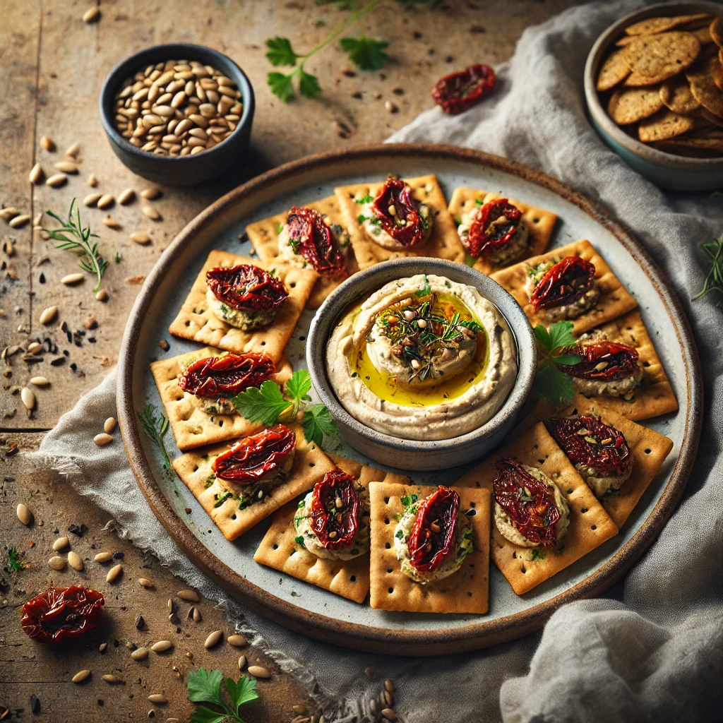 Zadencrackers met Hummus en Zongedroogde Tomaat