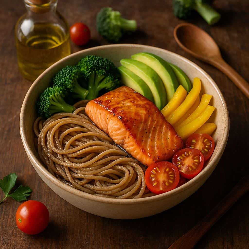 Zalm bowl met volkoren pasta en groenten