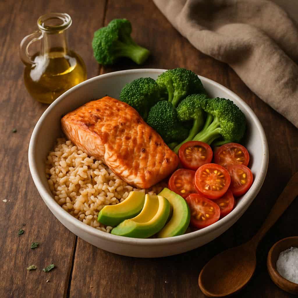 Zalm en broccoli bowl met volkoren rijst
