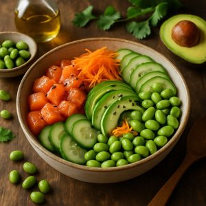 Zalm poké bowl met avocado en edamame