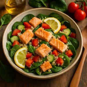 Zalm quinoa salade met spinazie