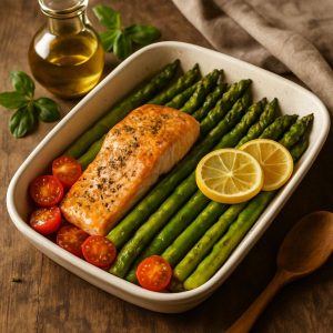 Zalm uit de oven met groene asperges