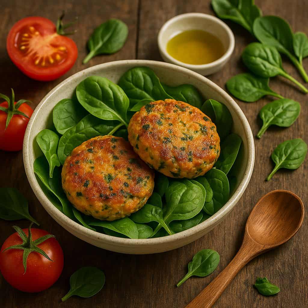 Zalmburgers met spinazie