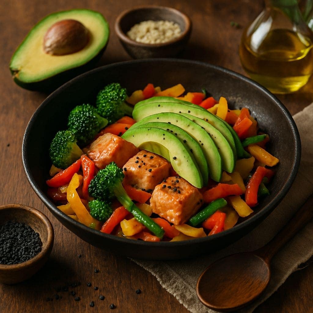 Zalmwok met avocado en sesam