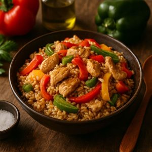 Zilvervliesrijst wok met paprika en kip