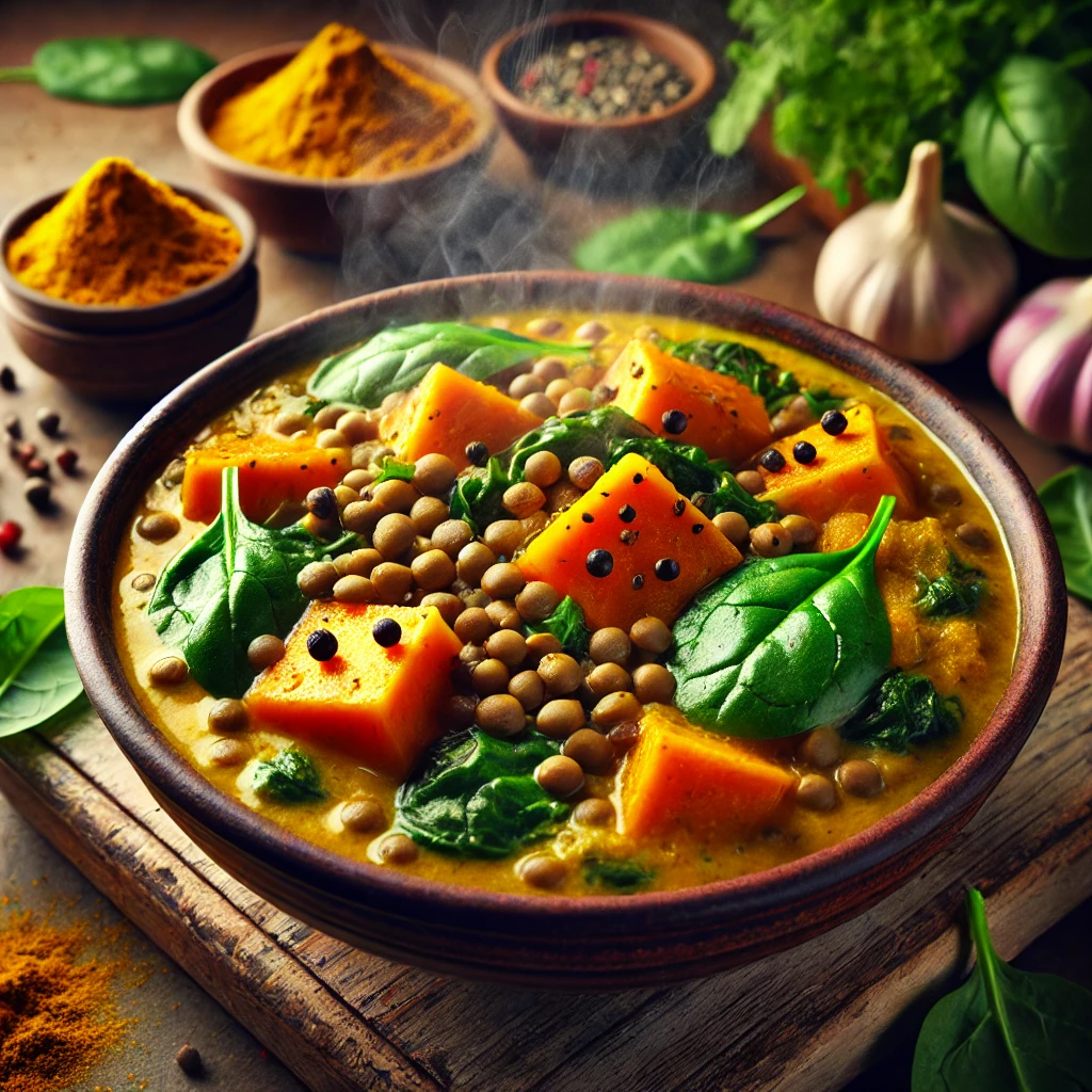 Zoete Aardappelcurry met Linzen en Spinazie