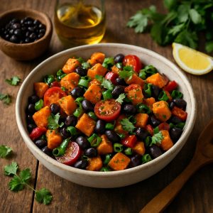 Zoete aardappelsalade met zwarte bonen