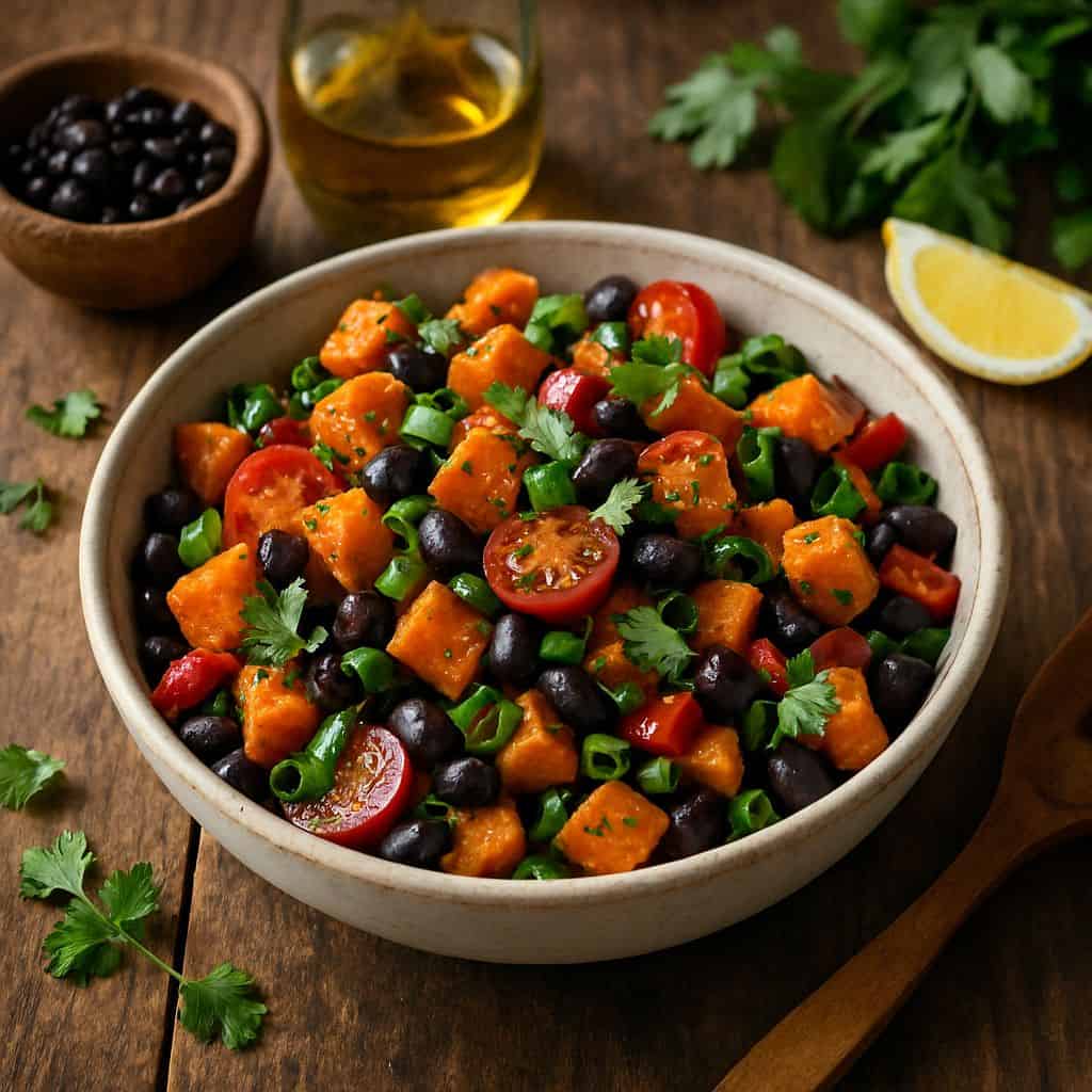 Zoete aardappelsalade met zwarte bonen