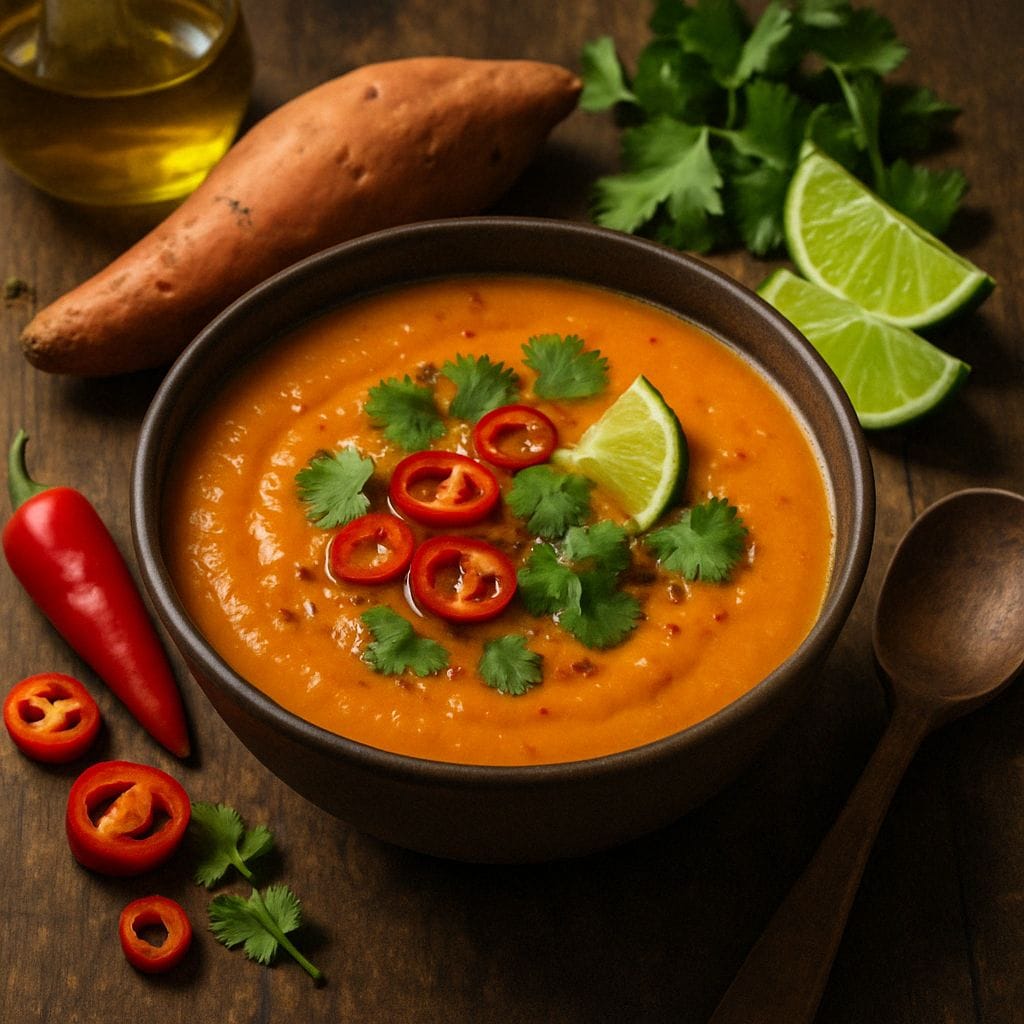 Zoete aardappelsoep met chili en limoen