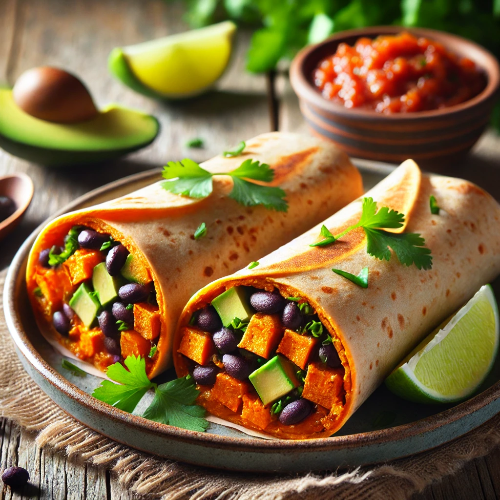 Zoete aardappelwraps met zwarte bonen en avocado