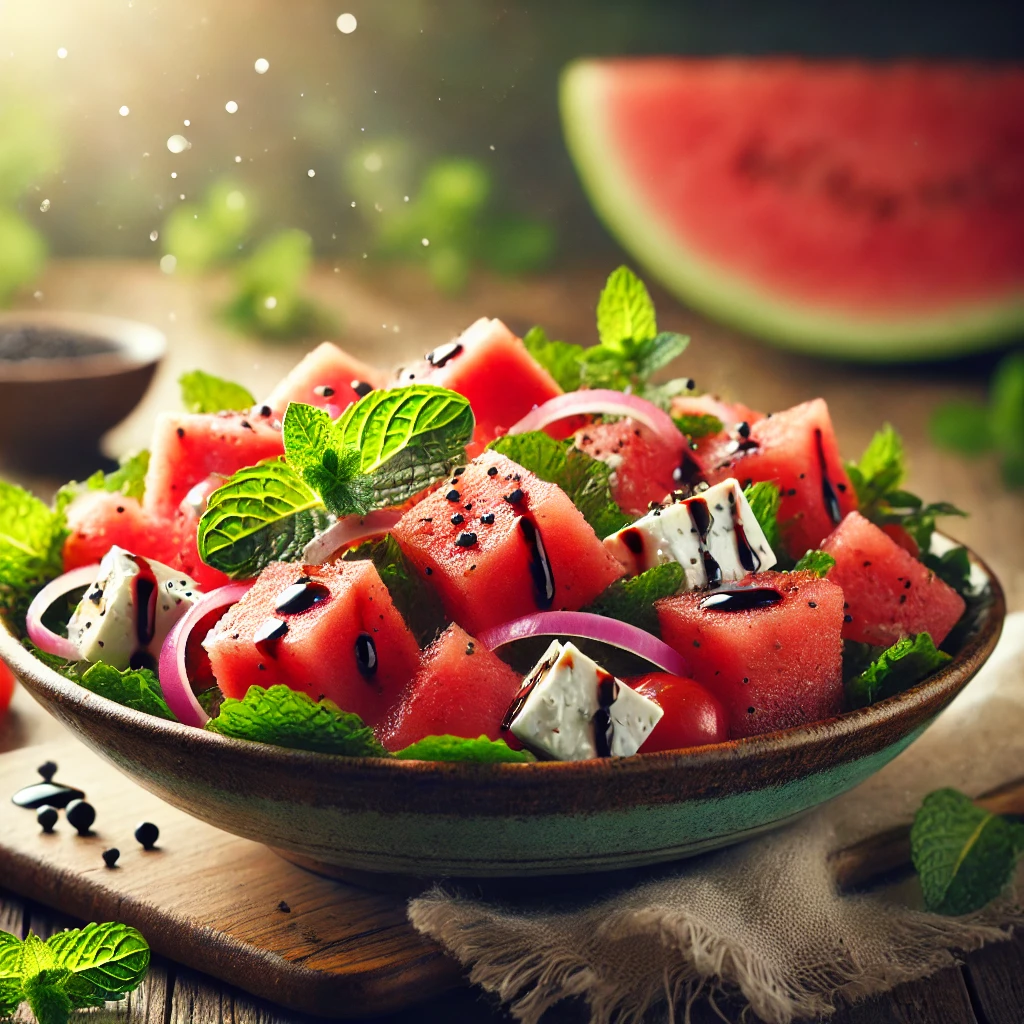 Zomerse salade met watermeloen en vegan feta