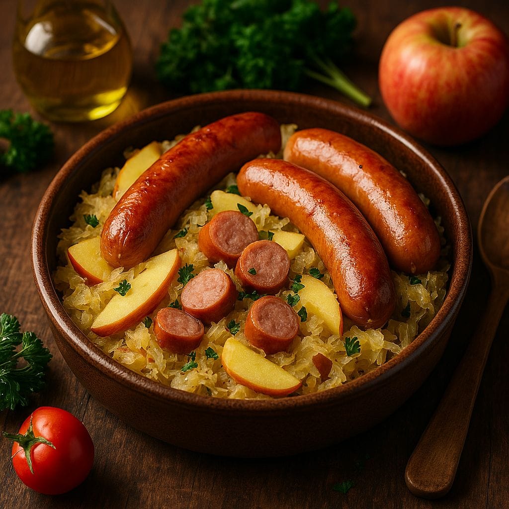 Zuurkoolschotel met appel en worst