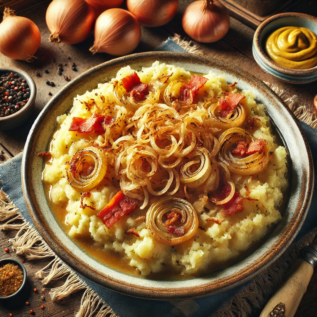 Zuurkoolstamppot met Geroosterde Ui en Vegan Spekjes