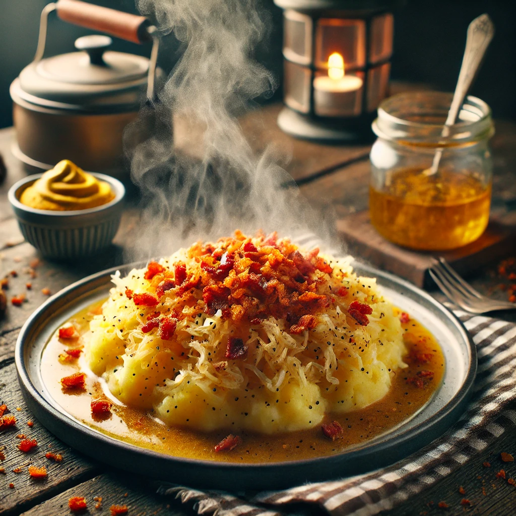 Zuurkoolstamppot met vegan spekjes en mosterd