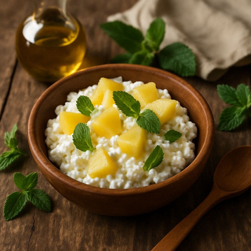 hüttenkäse met ananas en munt