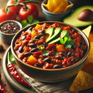 Chili sin carne met zwarte bonen en paprika