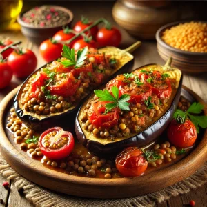 Gevulde aubergine met tomaat en linzen