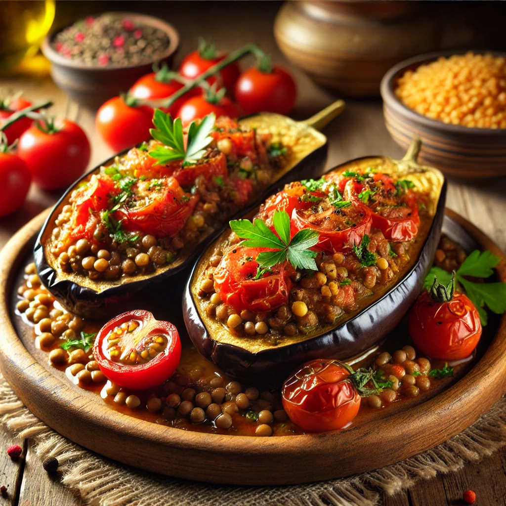 Gevulde aubergine met tomaat en linzen