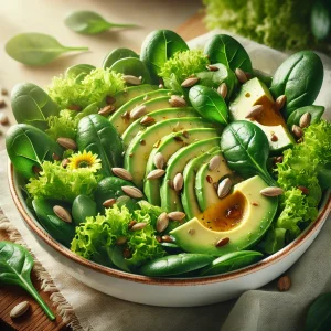Groene salade met avocado en zonnebloempitten