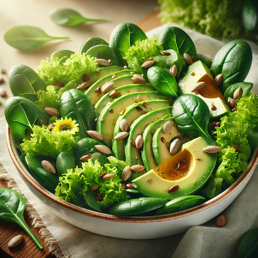 Groene salade met avocado en zonnebloempitten