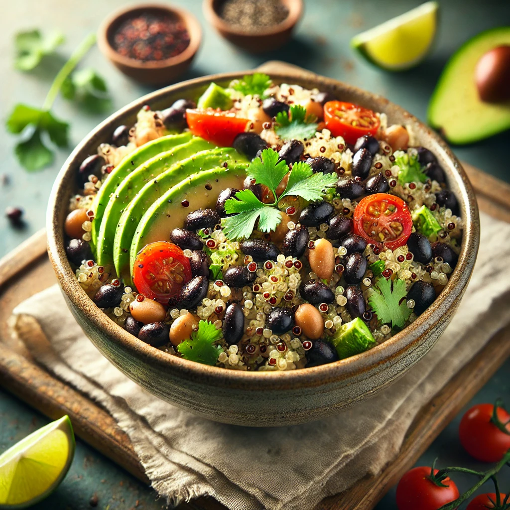 Quinoa met zwarte bonen en avocado