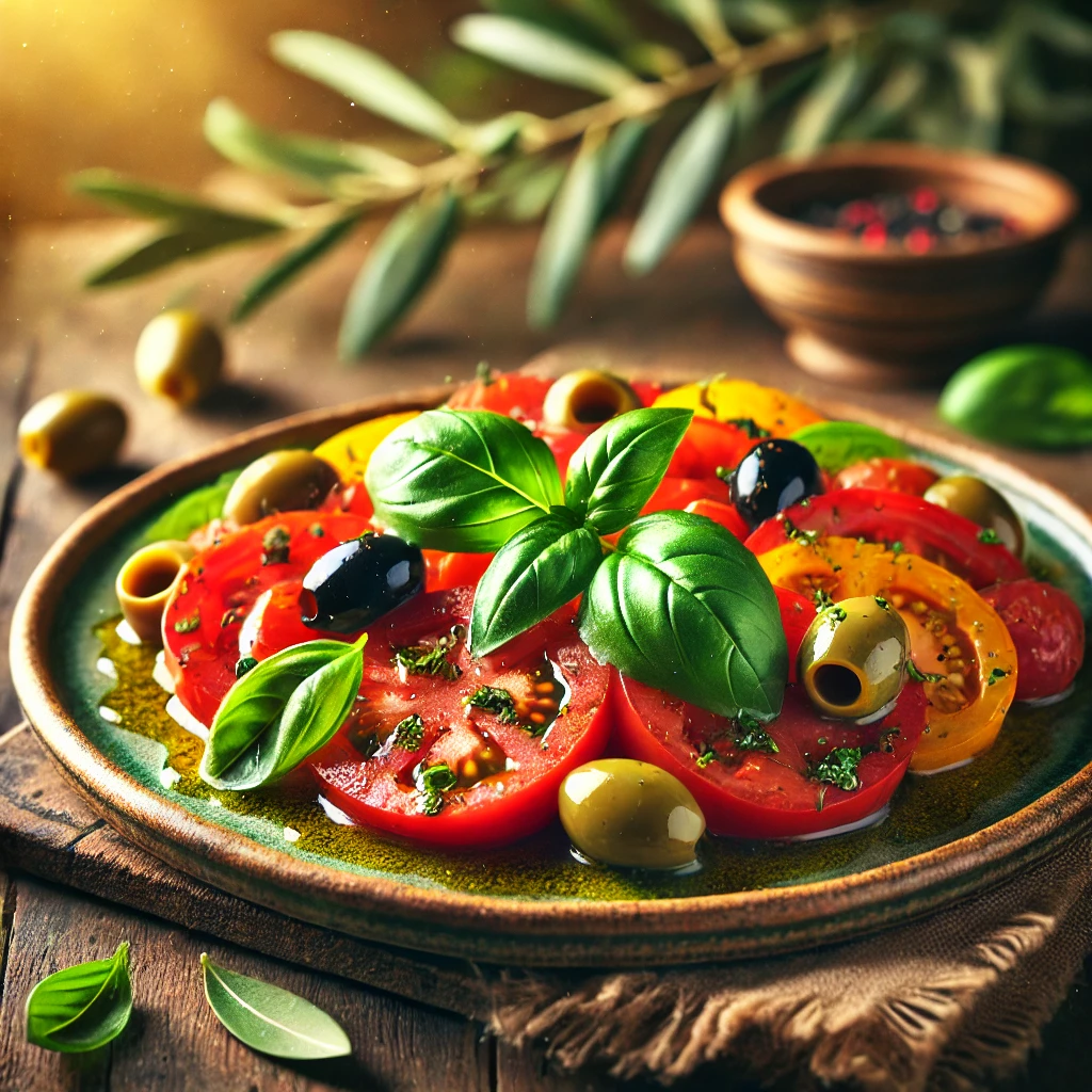 Tomatensalade met basilicum en olijven