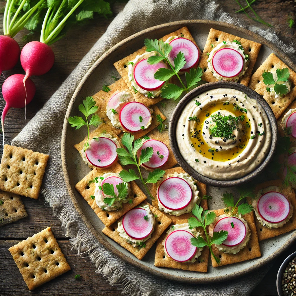 Volkoren crackers met hummus en radijs