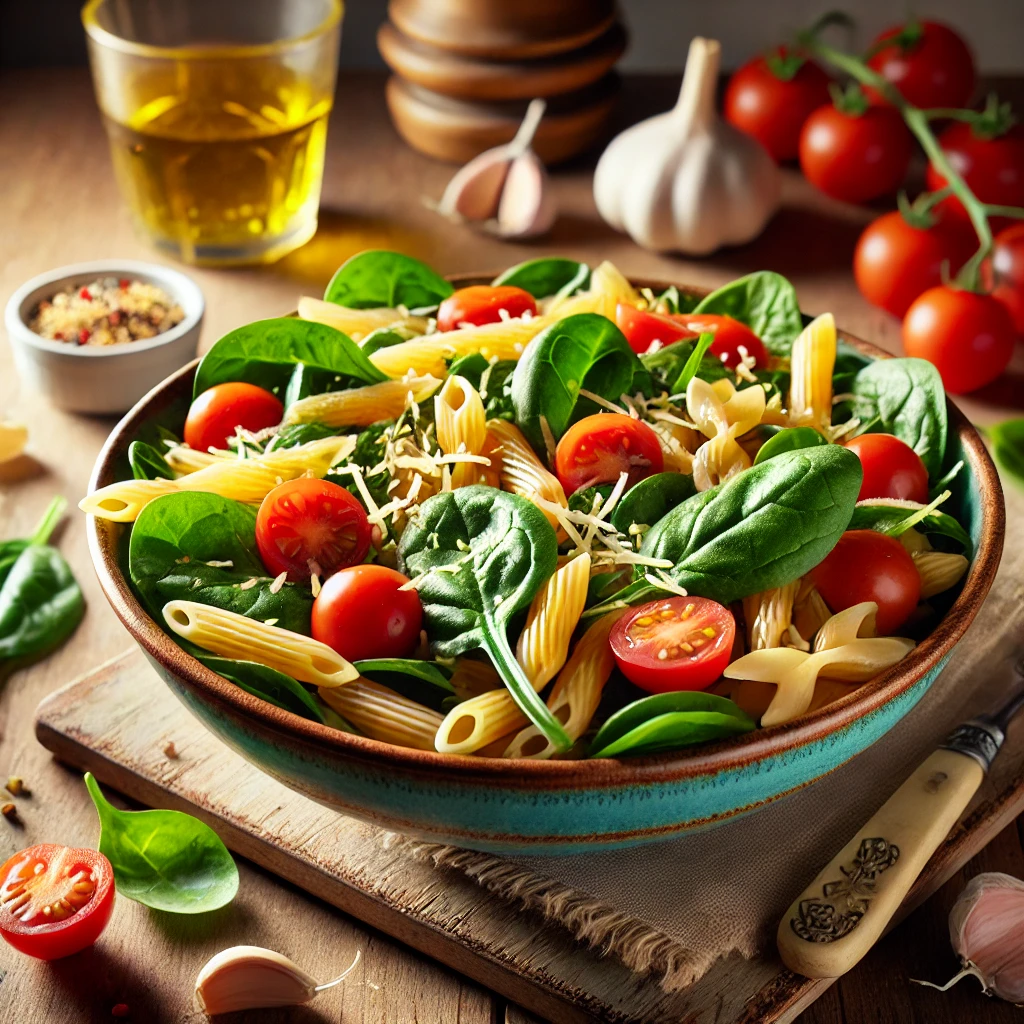 Volkoren pastasalade met spinazie en tomaten