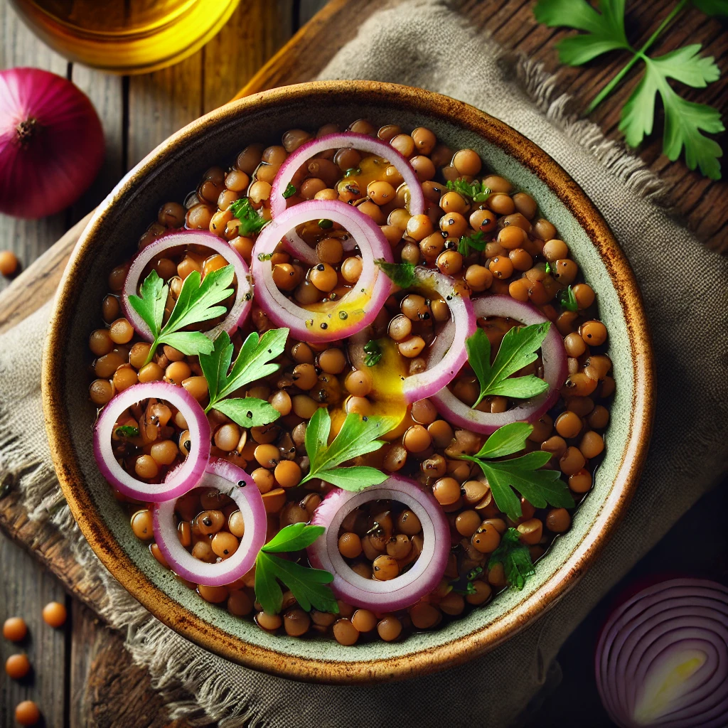 Warme linzensalade met rode ui en olijfolie