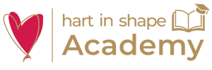 Logo voor hart in vorm Academy met een rood hart aan de linkerkant, tekst in goud en een open boek met een afstudeerpet aan de rechterkant.
