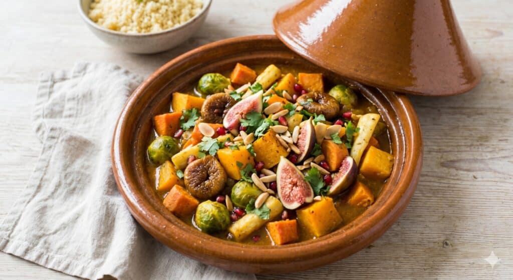 Een Marokkaanse tajine met groenten, vijgen, pijnboompitten en verse kruiden geserveerd in een kleischotel op een houten tafel, met een schaal couscous op de achtergrond.