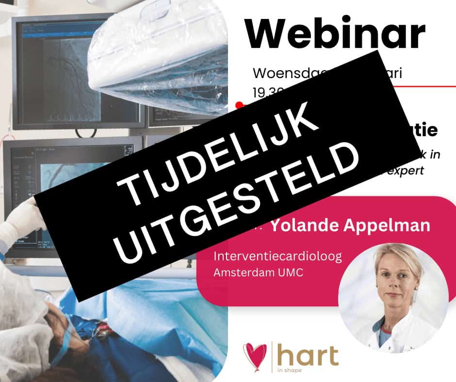 Een aankondiging van een webinar met een arts in een lab met medische monitoren; op een grote zwarte banner met witte tekst staat TIJDELIJK UITGESTELD.