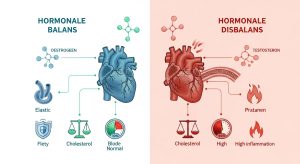 Een gesplitste afbeelding vergelijkt hormonale balans (links, blauwe tinten) met hormonale onbalans (rechts, rode tinten), met harten, chemische symbolen, cholesterolniveaus, ontstekingen en effecten op gezondheidsmarkers. De tekst is in het Nederlands.