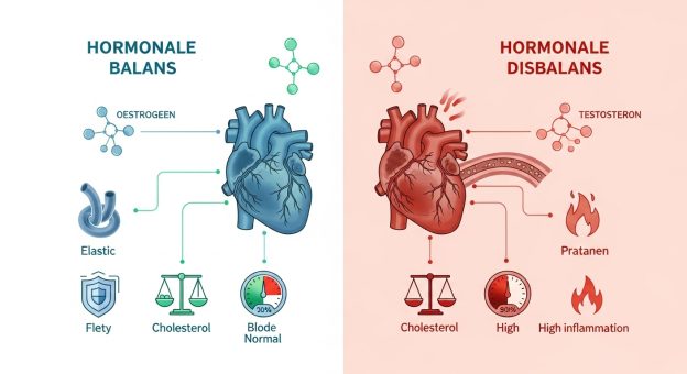Een gesplitste afbeelding vergelijkt hormonale balans (links, blauwe tinten) met hormonale onbalans (rechts, rode tinten), met harten, chemische symbolen, cholesterolniveaus, ontstekingen en effecten op gezondheidsmarkers. De tekst is in het Nederlands.