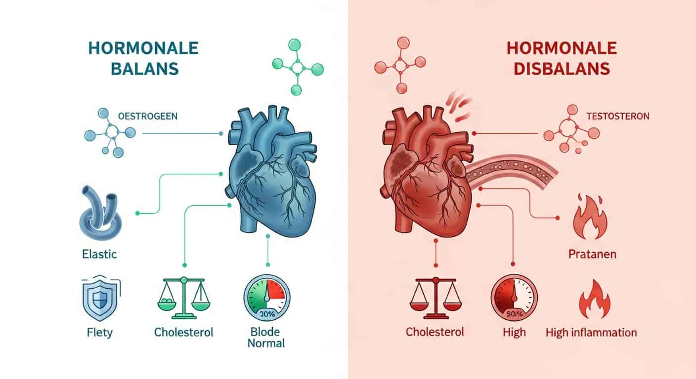 Een gesplitste afbeelding vergelijkt hormonale balans (links, blauwe tinten) met hormonale onbalans (rechts, rode tinten), met harten, chemische symbolen, cholesterolniveaus, ontstekingen en effecten op gezondheidsmarkers. De tekst is in het Nederlands.