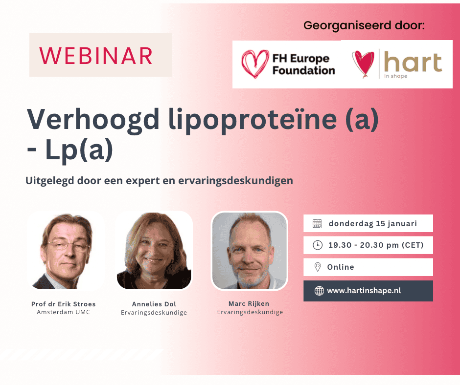 Webinar aankondiging over verhoogde lipoproteïne(a) met foto's van drie sprekers, details van het evenement voor 15 januari, 19:30-20:30 CET, en logo's van FH Europe Foundation en Hart in Shape. Het evenement staat online.