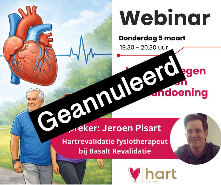Webinar aankondiging met een illustratie van een hart en een ouder echtpaar dat wandelt. Spreker Jeroen Pisarts foto wordt getoond. Een grote zwarte banner met Geannuleerd bedekt het midden.