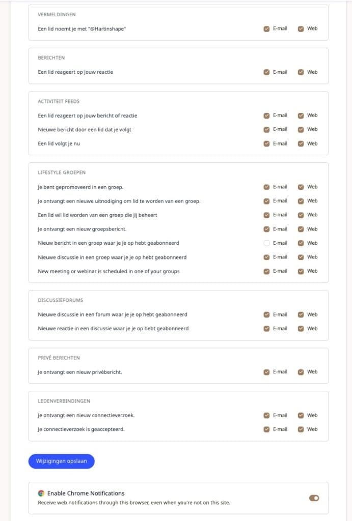 Een schermafbeelding van de instellingen voor websitemeldingen in het Nederlands, met opties om e-mail- of webmeldingen te ontvangen voor vermeldingen, uitnodigingen voor groepen, antwoorden op discussies, privéberichten en verbindingsverzoeken, met een Chrome-schakelaar onderaan.
