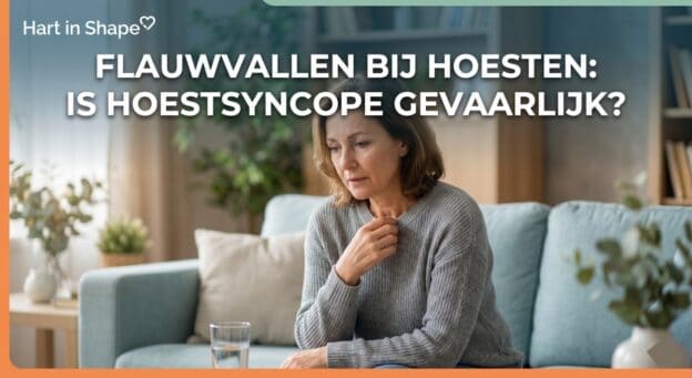 Een vrouw van middelbare leeftijd zit op een bank en kijkt bezorgd, met een glas water voor haar op tafel. Boven de tekst staat: Flauwvallen bij hoesten: is hoestsyncope gevaarlijk?.