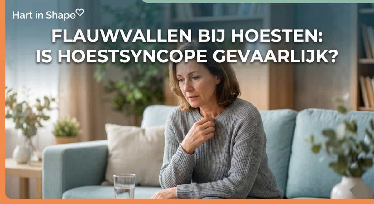 Een vrouw van middelbare leeftijd zit op een bank en kijkt bezorgd, met een glas water voor haar op tafel. Boven de tekst staat: Flauwvallen bij hoesten: is hoestsyncope gevaarlijk?.