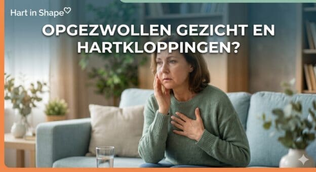 Een vrouw zit op een bank, raakt haar gezicht en borst aan en kijkt bezorgd. De Nederlandse tekst boven de afbeelding luidt: Opgezwollen gezicht en hartkloppingen? Voor haar staat een glas water op tafel.