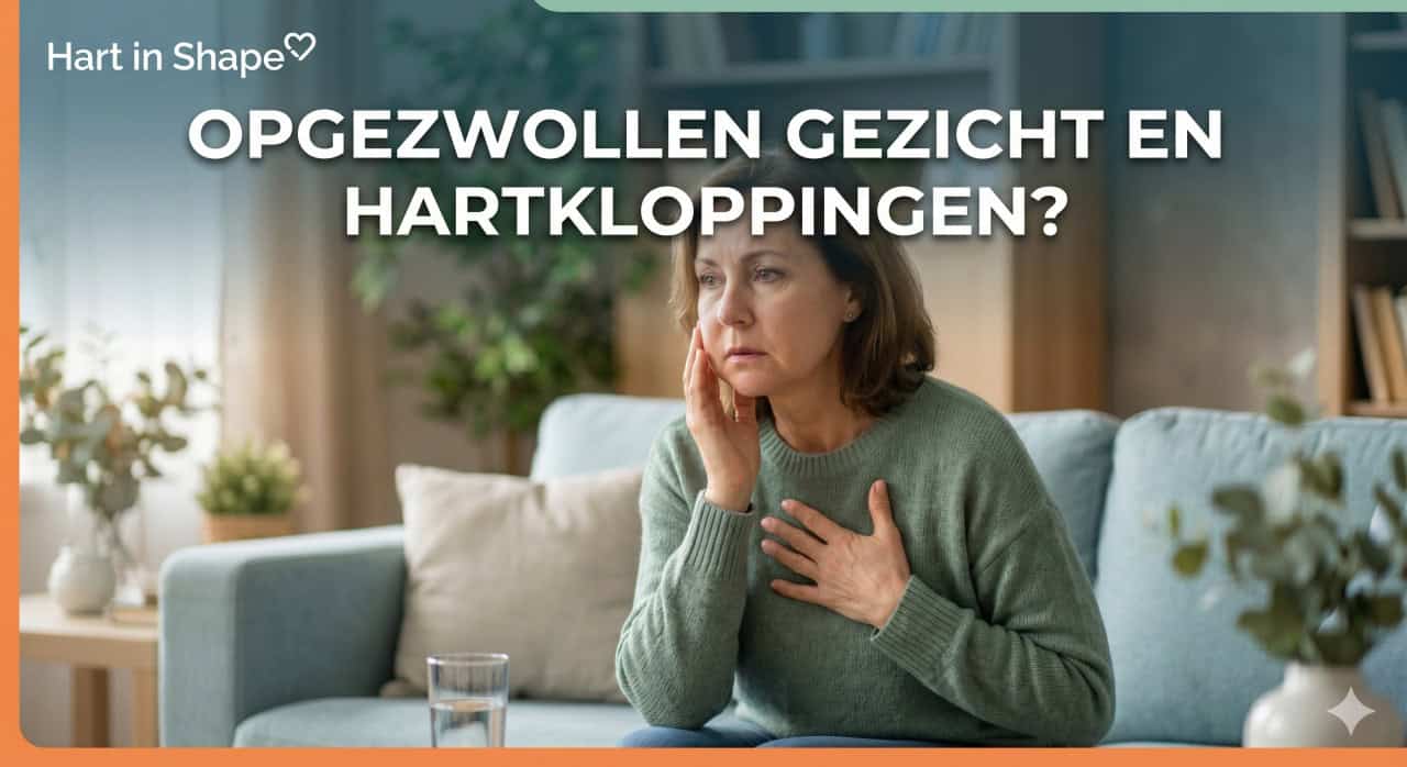 Een vrouw zit op een bank, raakt haar gezicht en borst aan en kijkt bezorgd. De Nederlandse tekst boven de afbeelding luidt: Opgezwollen gezicht en hartkloppingen? Voor haar staat een glas water op tafel.